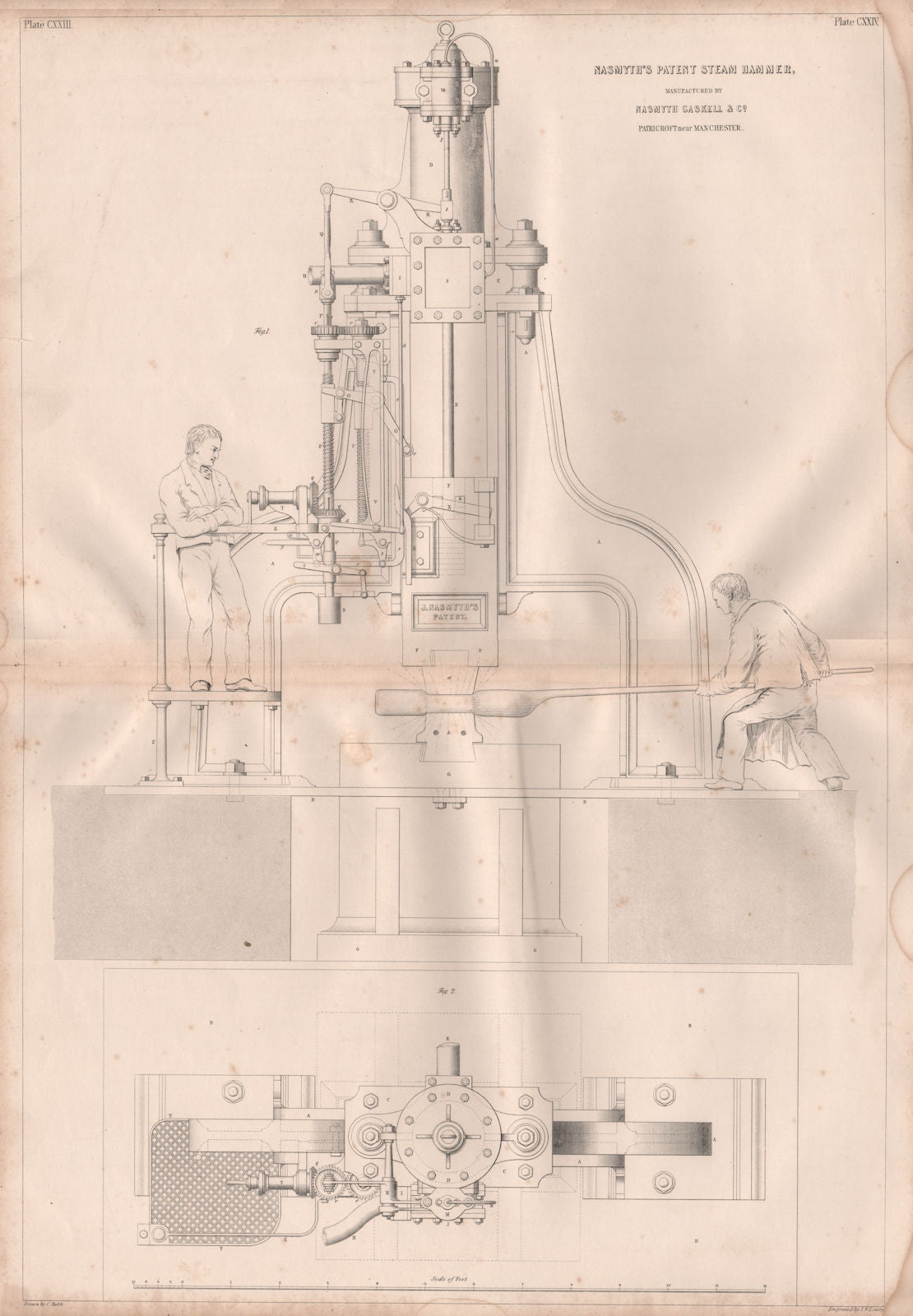 19C ENGINEERING DRAWING. Patent steam hammer. Nasmyth Gaskell, Patricroft 1847